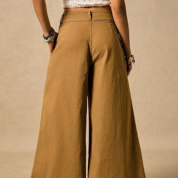 Khaki Boho Women's Western Washed Flared Loose Denim Trousers - Picture 2 of 7